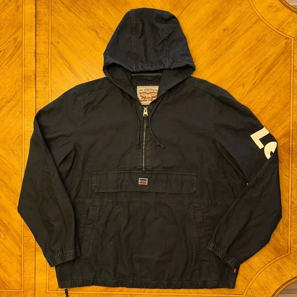 Levis Denim Pullover Hoodie Jacket Men’s Size XL Navy Y2K 1/2 Zip Logo Sleeves - Picture 2 of 15